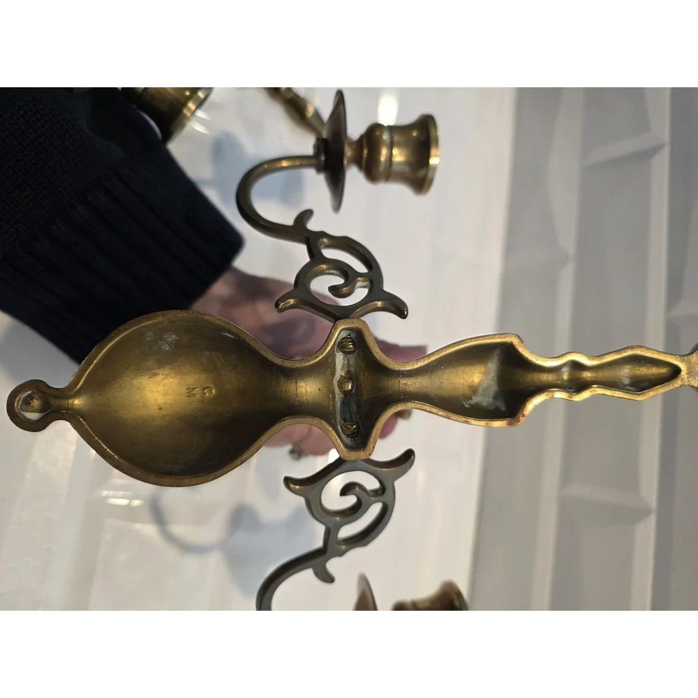 2 Vintage Brass 3 Arm Colonial Wall Sconce Candle Holders Pair 9